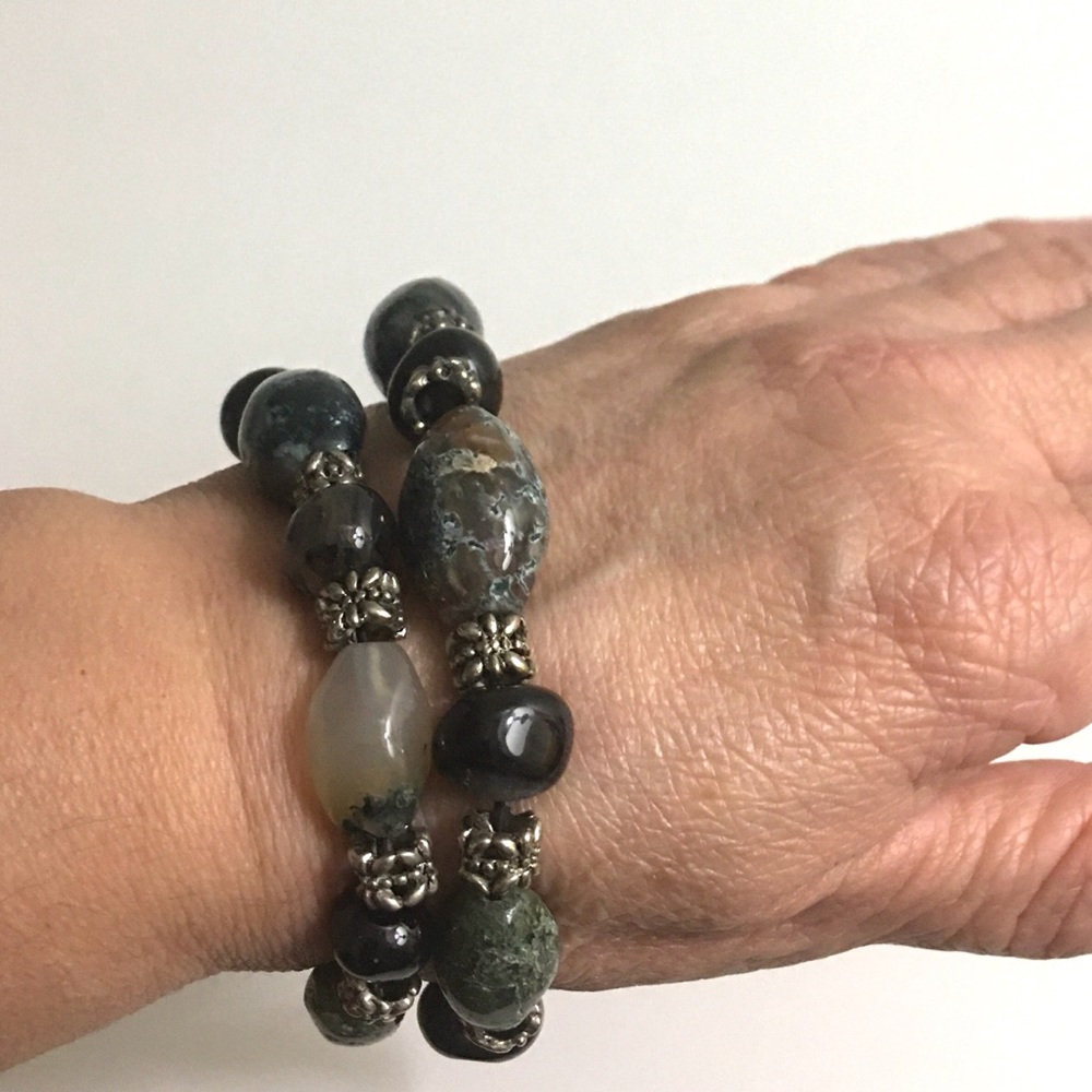 2 Plus Size Green Black Glass Bead Bracelets